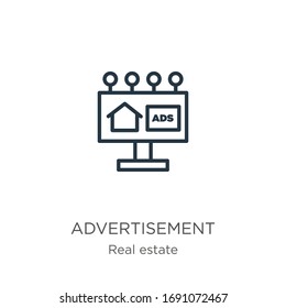 Icono de publicidad. Icono de esquema de publicidad lineal delgado aislado en fondo blanco de la colección inmobiliaria. Signo vectorial de línea, símbolo para web y móvil