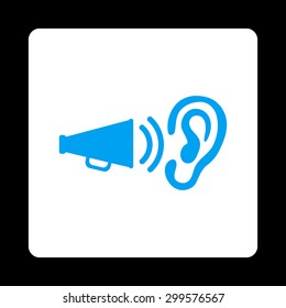 Advertisement icon. Vector style is blue and white colors, flat rounded square button on a black background.