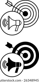 Advertisement Icons. Black and White Vector Illustrations. Megaphone and Target with Arrow. Communication to Attract the Attention of the Target Audience to the Promotion Object. Influencer Concept