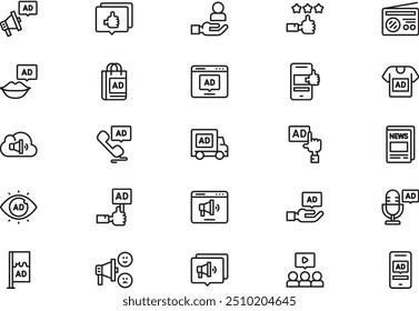 La colección de iconos de publicidad es una Ilustración vectorial con trazo editable.