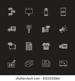 Advertisement icons - Gray symbol on black background. Simple illustration. Flat Vector Icon.