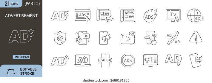 Conjunto de ícones de anúncio. Inclui ícones para cartaz, megafone, campanha, marketing, banner, mídia social, alvo do anúncio, promoção, anúncio e comunicação. Traçado editável. Ícones de linha. 