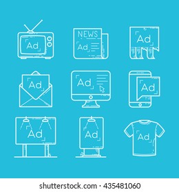 Advertisement icons set  // White on blue