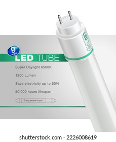 Advertisement LED tube 9 watts, energy saving up to 60%, 2-way input model, can be opened for up to 50,000 hours. Realistic EPS file.