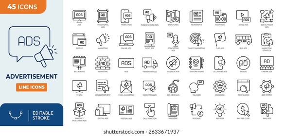 Advertisement line editable icon set. Contain icons related to advertisiment, marketing, ads, and more. Editable stroke. Vector illustration.