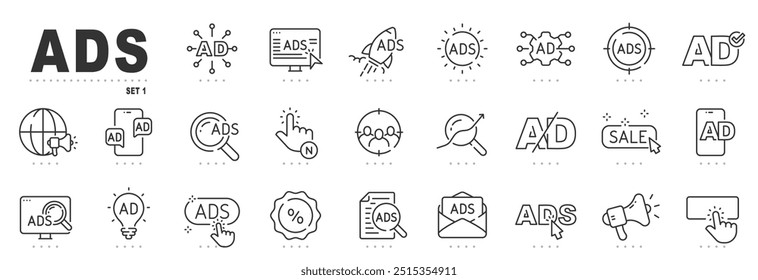 Iconos de línea de publicidad. Anuncios, marketing, promoción, correo electrónico, Hacer clic, etc. Trazo editable.