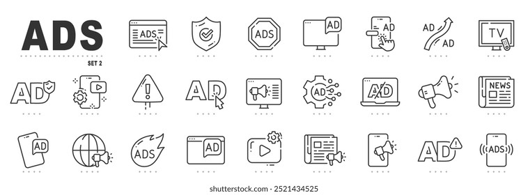 Iconos de línea de publicidad. Anuncios, marketing, promoción, correo electrónico, Hacer clic, etc. Trazo editable.