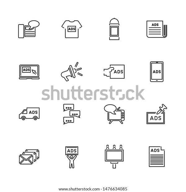 Advertisement, Marketing outline icons set - Black\
symbol on white background. Money and Finance Simple Illustration\
Symbol - lined simplicity Sign. Flat Vector thin line Icon -\
editable stroke