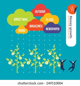 Advertisement media clouds raining over money plants businessmen happy. Vector illustration Eps10 file. Global colors. Text and Texture in separate layers.