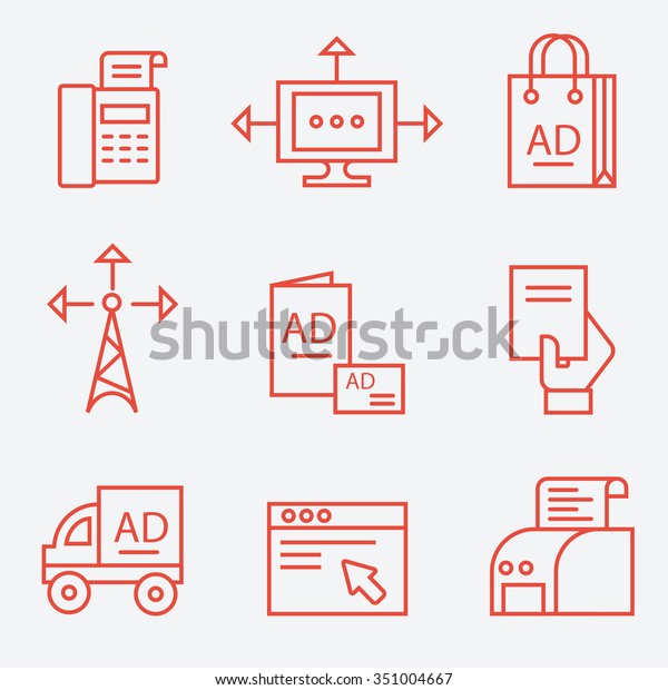 Advertisement and\
media icons, thin line flat\
design