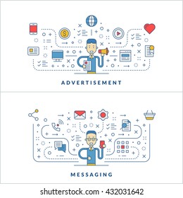 Advertisement. Messaging. Flat line icons and businessman cartoon character. Business concept. Vector thin line illustration for website banner template or header