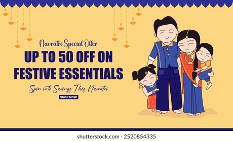  an advertisement for a Navratri special offer, featuring a family of four dressed in traditional attire  decorative hanging lamps and a festive banner add to the celebratory theme