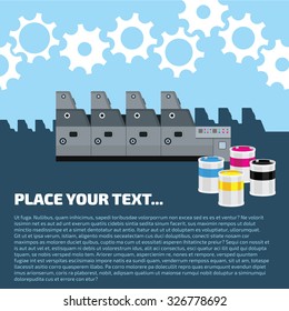 Advertisement offset machine concept. Color paint for print. Liquid cyan, magenta, yellow, black colors. Media equipment. Vector printing machinery design with gears. Business info graphics elements. 