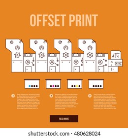 Advertisement offset machine concept. Color paint for print. Liquid cyan, magenta, yellow, black colors. Media equipment. Vector printing machinery design with gears. Business info graphics elements.