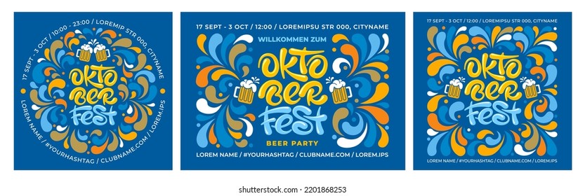 Advertisement of Oktoberfest festival. Templates set, unusual design, calligraphy lettering, beer mugs. Decorated with bright graphic elements on the blue background. Vector illustration