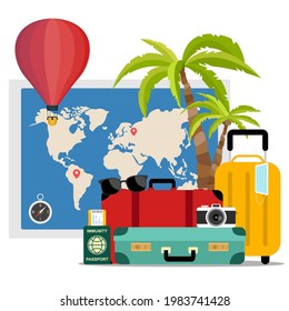 Advertisement on travel suitcase. Summer vacation. Safe travel and immunity passport or mask