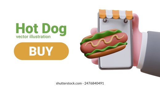 Advertisement online order hot dog. Realistic hand holding smartphone