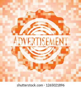 Advertisement orange tile background illustration. Square geometric mosaic seamless pattern with emblem inside.