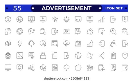 Advertisement Outline icon set with practice, technique, attention, product, service, spotlight, drawing, consumers and promote.

