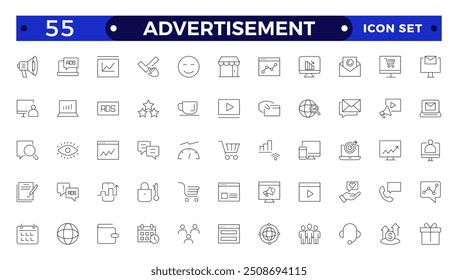 Advertisement Outline icon set with practice, technique, attention, product, service, spotlight, drawing, consumers and promote.
