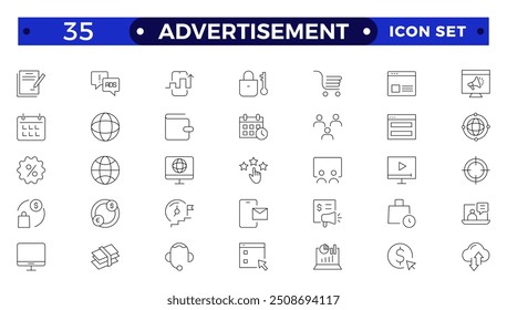 Advertisement Outline icon set with practice, technique, attention, product, service, spotlight, drawing, consumers and promote.
