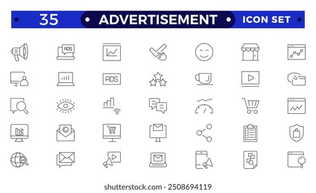 Advertisement Outline icon set with practice, technique, attention, product, service, spotlight, drawing, consumers and promote.
