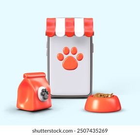 Advertisement of pet shop application. 3D phone with paw print on screen, bowl, bag of food