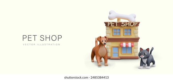 Advertisement of pet shop in cartoon style. 3D building with text sign, cute dog, cat