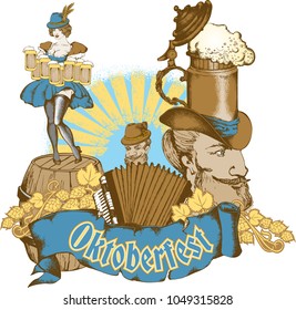Advertisement poster template of Oktoberfest beer party with different objects related with beer festival. Engraved style. Vector illustration.