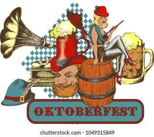 Advertisement poster template of Oktoberfest beer party with different objects related with beer festival. Engraved style. Vector illustration.