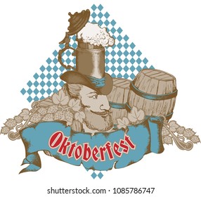 Advertisement poster template of Oktoberfest beer party with different objects related with beer festival. Engraved style. Vector illustration. 
