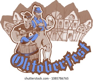 Advertisement poster template of Oktoberfest beer party with different objects related with beer festival. Engraved style. Vector illustration. 