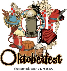 Advertisement poster template of Oktoberfest beer party with different objects related with beer festival. Engraved style. Vector illustration.