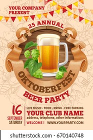 Advertisement poster template of Oktoberfest beer party with different objects related with beer festival. Hand drawn doodle pattern on background. Vector illustration. 