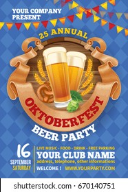 Advertisement poster template of Oktoberfest beer party with different objects related with beer festival. Hand drawn doodle pattern on background. Vector illustration. 