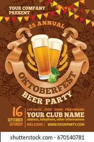 Advertisement poster template of Oktoberfest beer party with different objects related with beer festival. Hand drawn doodle pattern on background. Vector illustration. 