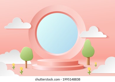 Advertisement Prodium with clouds and green trees, paper cut vector illustration