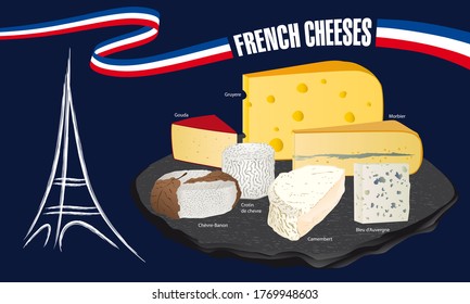 Advertisement to promote French cheeses presented on a slate tray with an Eiffel Tower as decoration.