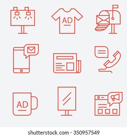 Advertisement and promotion icons, thin line flat design