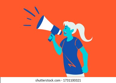 Advertisement, protest, demonstration concept. Young woman or girl leader protester cartoon character shouting or yelling at loudspeaker. Social media sale business promotion and refferring clients.