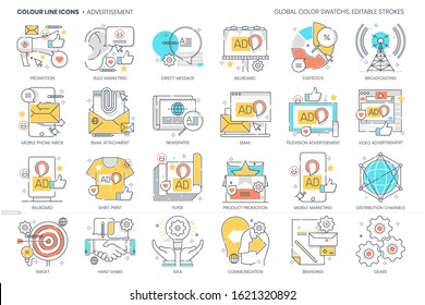 Advertisement related, color line, vector icon, illustration set. The set is about media, marketing communication, billboard, entertainment, internet.