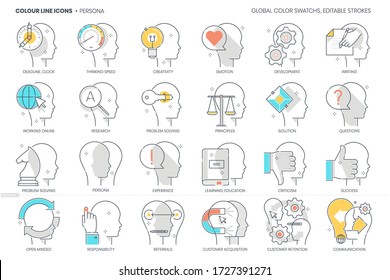 Advertisement related, color line, vector icon, illustration set. The set is about media, marketing communication, billboard, entertainment, internet.