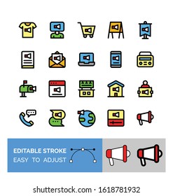 advertisement related letter box, t shirt, laptop, mobile, megaphone, calendar, video player, messages, phone, trolley, real estate, poster, billboard, signboard, and globe vector with editable stroke
