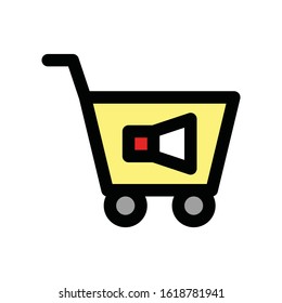 advertisement related megaphone on shopping trolley vector with editable stroke
