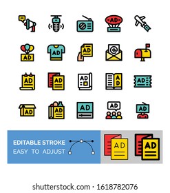 advertisement related, t shirt, ticket, letter box, radio, messages, airplane, video player, team work, poster, boards, signboard, and brochure vector with editable stroke