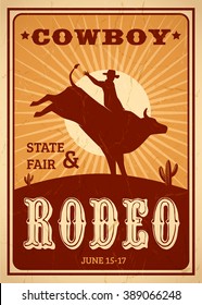 Advertisement rodeo poster in retro style with cowboy riding wild horse on sunset background flat vector illustration