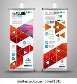 Advertisement roll up business flyer or brochure banner with vertical design. Vector template for cover presentation with geometrical shape background. Ideal for modern x-banner and flag-banner.