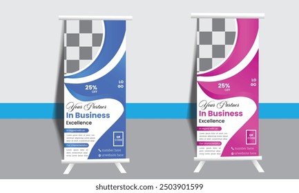 Advertisement, roll-up, polygon backdrop, vector illustration, business rollup, and display banner templates for your corporate business or company are available here.