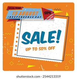 Advertisement for sales on India's Independence Day, August 15. Special promo on orange background. Independence Day sale concept. Flat vector illustration.