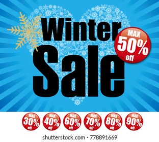 Advertisement, sales promotion template, design, winter sale, background illustration of the heart made of snow crystal illustration and concentration line